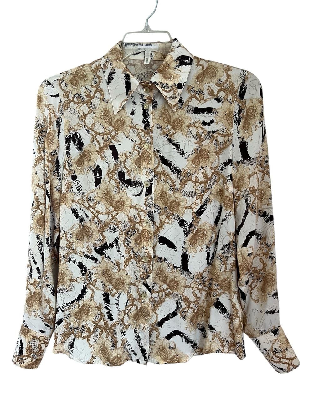 Escada 100% Silk Button Blouse Women’s 40/ US 10 Cream Tan Floral Abstract Satin